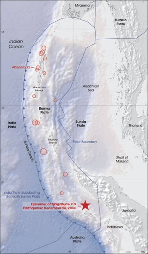 The earthquake that spawned the recent Indian Ocean tsunami occurred off the coast of the island of Sumatra, Indonesia. Its center (red star) was near the boundary between the India Plate and the Burma Plate.