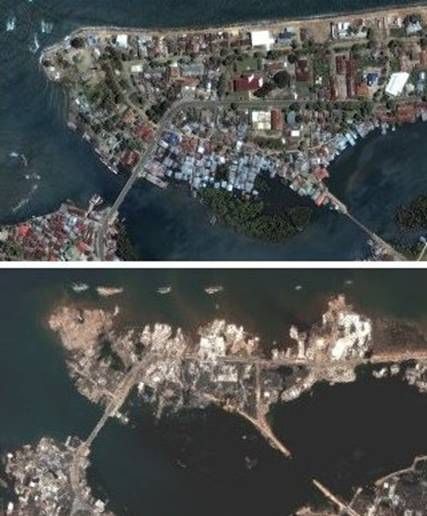 These satellite images show the shoreline of Banda Aceh in Indonesia before (top) and after (bottom) the Indian Ocean tsunami struck. One bridge is destroyed and much of the shoreline has disappeared.